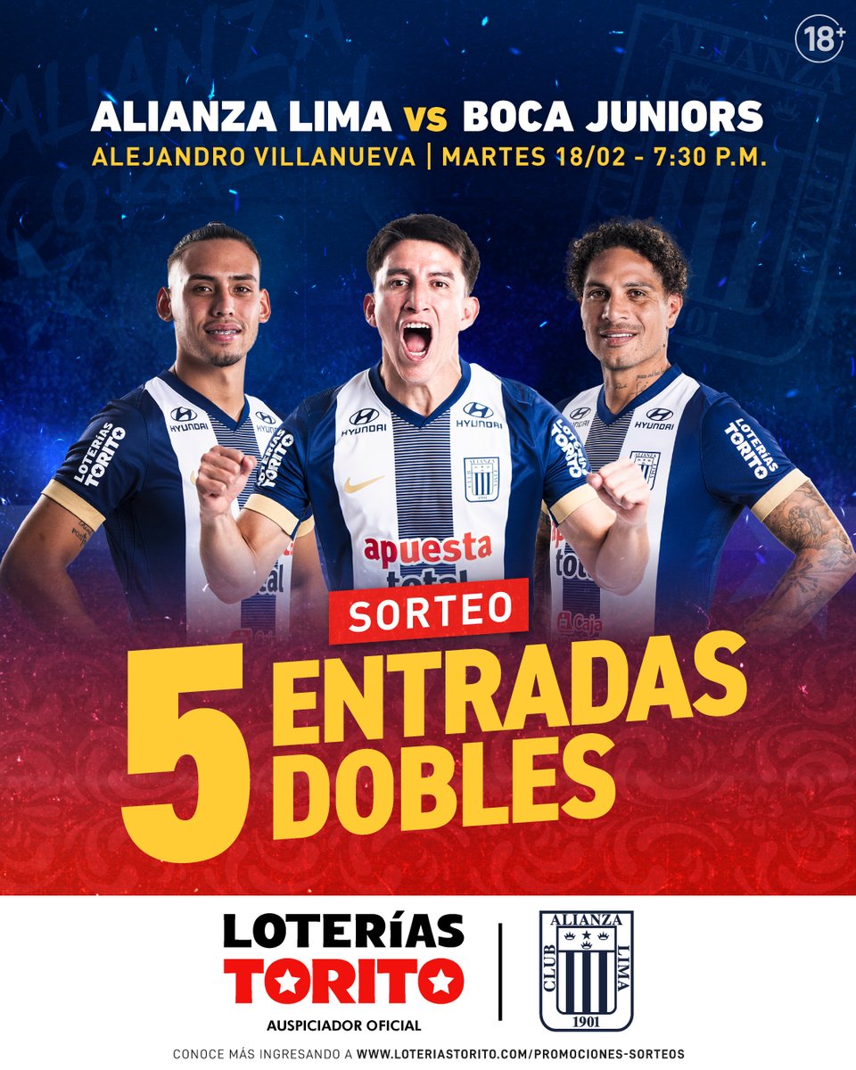 Loterías Torito (@loteriastorito) on Twitter photo ⚡️ ¡SIGAMOS ALENTANDO EN LA 𝗖𝗢𝗣𝗔 𝗟𝗜𝗕𝗘𝗥𝗧𝗔𝗗𝗢𝗥𝗘𝗦! ⚡️💙🤍
Sobri blanquiazul💙🤍, vive el encuentro entre <a href="/ClubALoficial/">Club Alianza Lima</a> vs. Boca Juniors gracias a Loterías Torito. 🎉⚽️
Participar, es facilito😏:
👉Síguenos, comparte y etiqueta a tu acompañante. ⚡️ ¡SIGAMOS ALENTANDO EN LA 𝗖𝗢𝗣𝗔 𝗟𝗜𝗕𝗘𝗥𝗧𝗔𝗗𝗢𝗥𝗘𝗦! ⚡️💙🤍
Sobri blanquiazul💙🤍, vive el encuentro entre <a href="/ClubALoficial/">Club Alianza Lima</a> vs. Boca Juniors gracias a Loterías Torito. 🎉⚽️
Participar, es facilito😏:
👉Síguenos, comparte y etiqueta a tu acompañante.