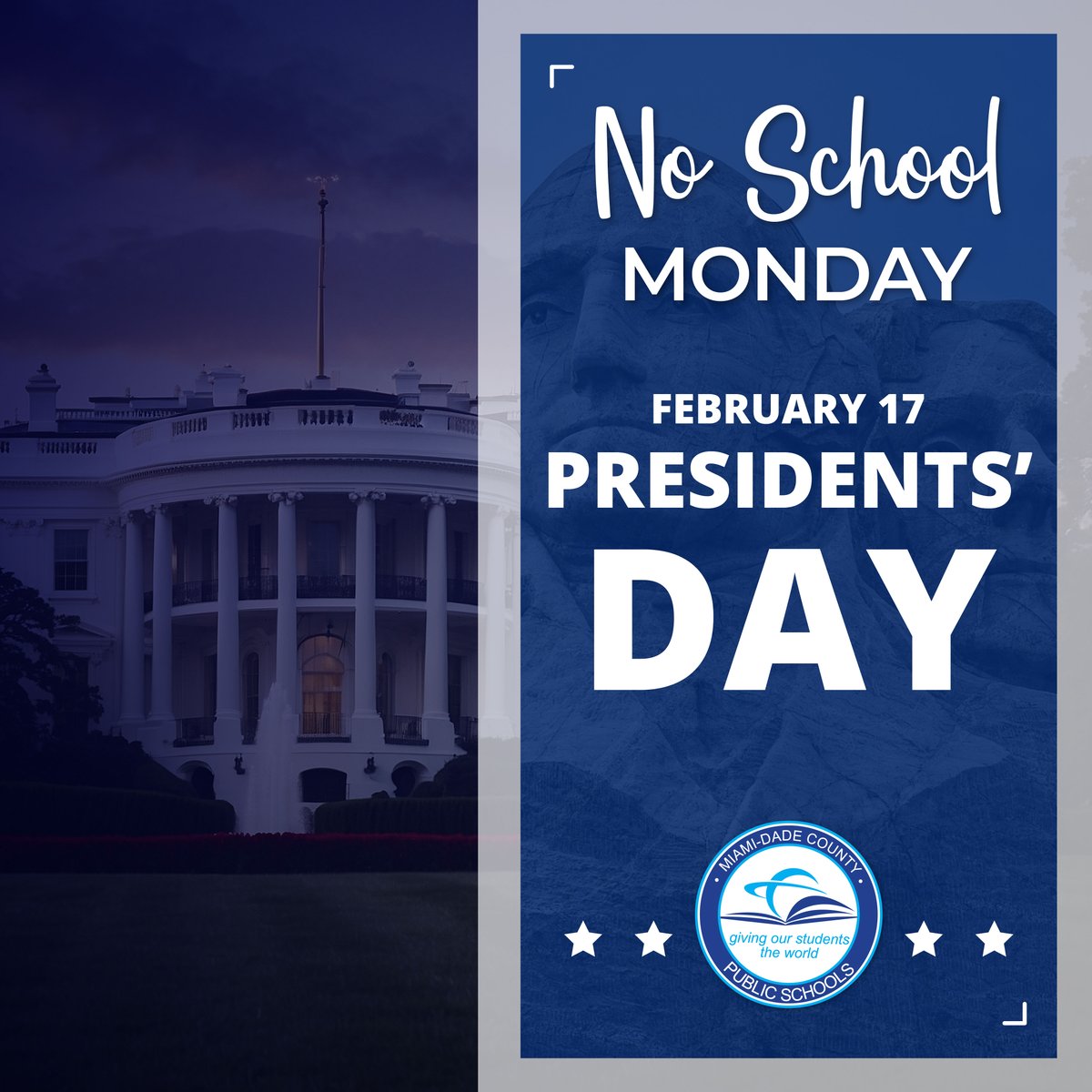 All <a href="/MDCPS/">Miami-Dade Schools</a> schools, as well as Region and District offices, will be closed on Monday, February 17 in observance of Presidents' Day. We will reopen on Tuesday, February 18.
