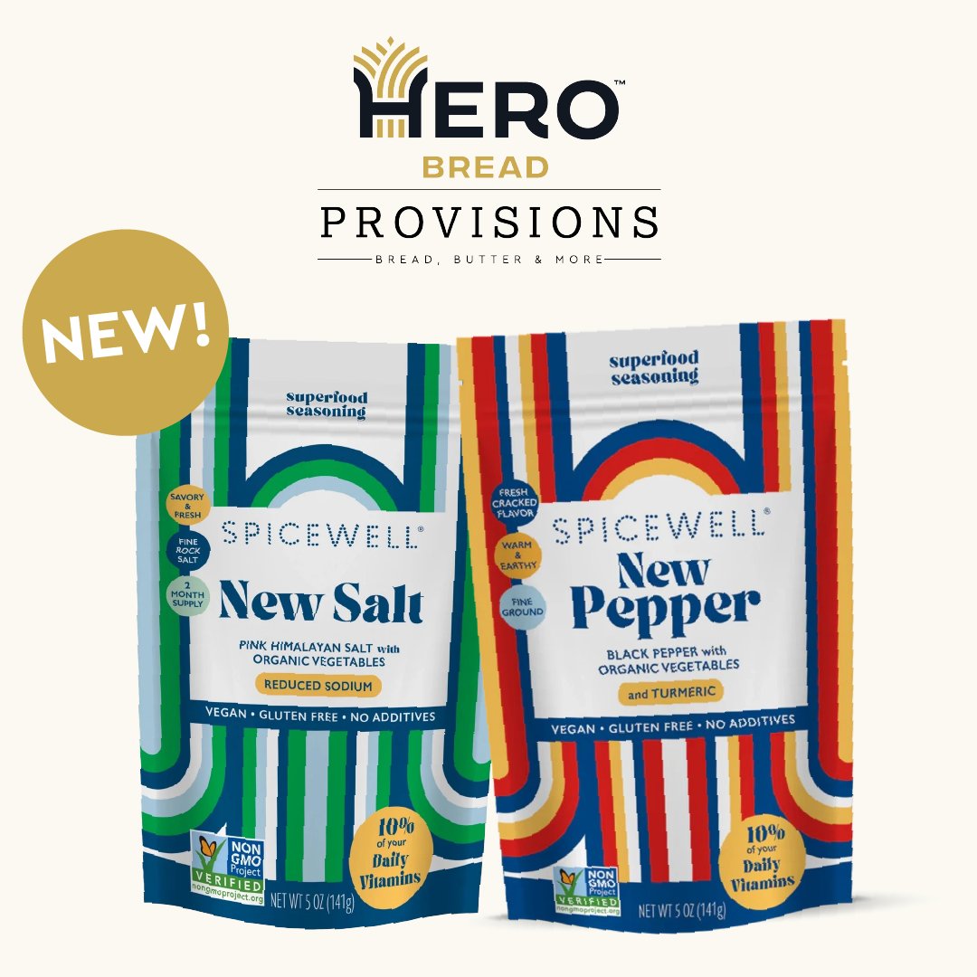 We're excited to announce our next additions to Hero Bread™ Provisions—New Salt and New Pepper by @spicewell!

These two are infused with over 21 plant-based vitamins &amp; minerals to amplify the nutrition in your favorite Hero Bread™ recipes!

Shop now 👉 bit.ly/42VReKz