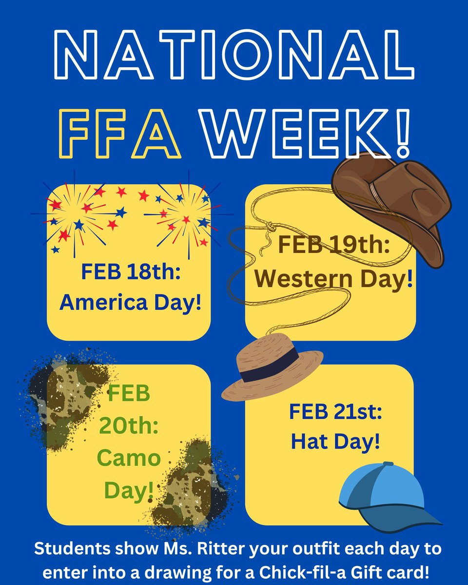 Parkwood Middle School (@parkwoodmsnc) on Twitter photo Next week is National FFA Week! Students who participate each day and show Ms. Ritter their outfit will have their name put in a drawing for a chick-fil-a gift card! 💙 @aghoulihan @ucpsnc <a href="/jpdelucia/">John DeLucia</a> Next week is National FFA Week! Students who participate each day and show Ms. Ritter their outfit will have their name put in a drawing for a chick-fil-a gift card! 💙 @aghoulihan @ucpsnc <a href="/jpdelucia/">John DeLucia</a>