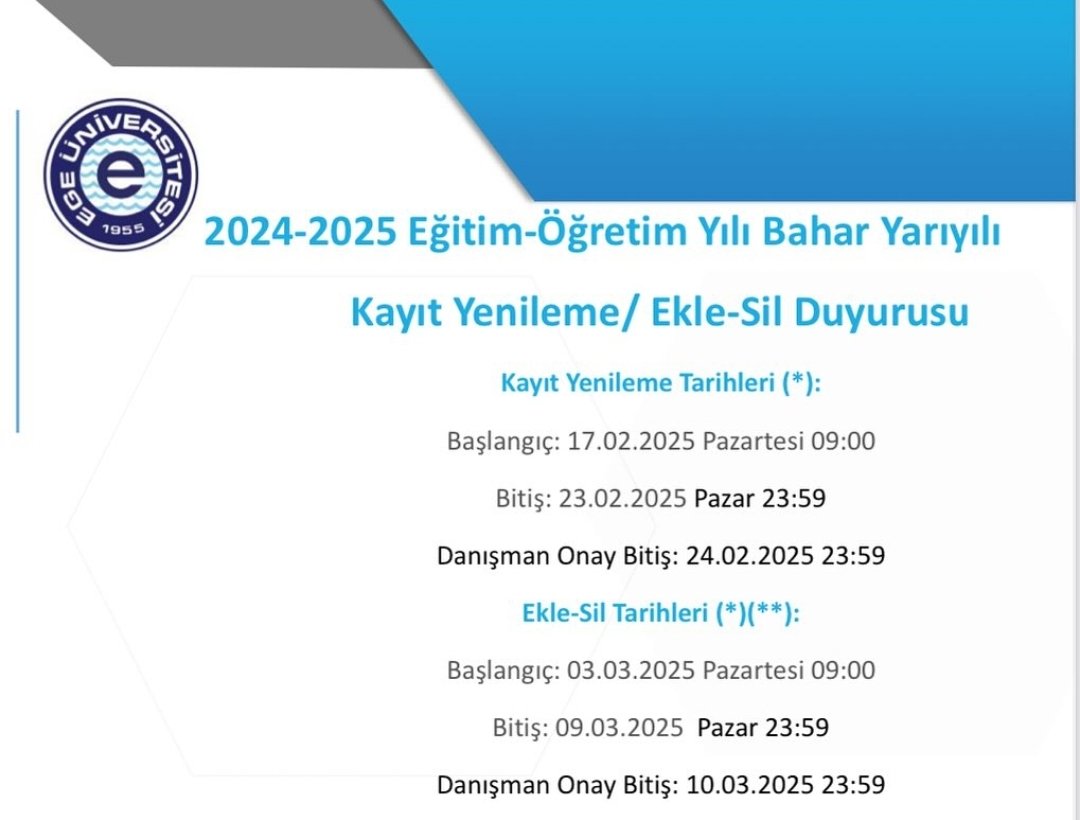 egesosbilen's tweet photo. Öğrencilerimizin Dikkatine!!
2024-2025 Eğitim-Öğretim Yılı Bahar Yarıyılı Kayıt Yenileme işlemleri 17-23 Şubat 2025 tarihleri arasında yapılacaktır. 
@ProfNecdetBudak
@UniversiteEge https://t.co/4HIm686rlk