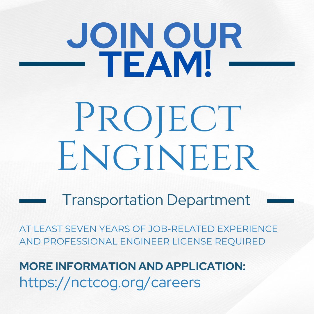 🔷 We're Hiring: Project Engineer 🔷
The Transportation Department at NCTCOG is seeking a Project Engineer to lead coordination efforts and oversee regional transportation projects.
📍 Apply now: nctcog.hua.hrsmart.com/hr/ats/Posting…
#ProjectEngineer #EngineeringJobs #Transportation