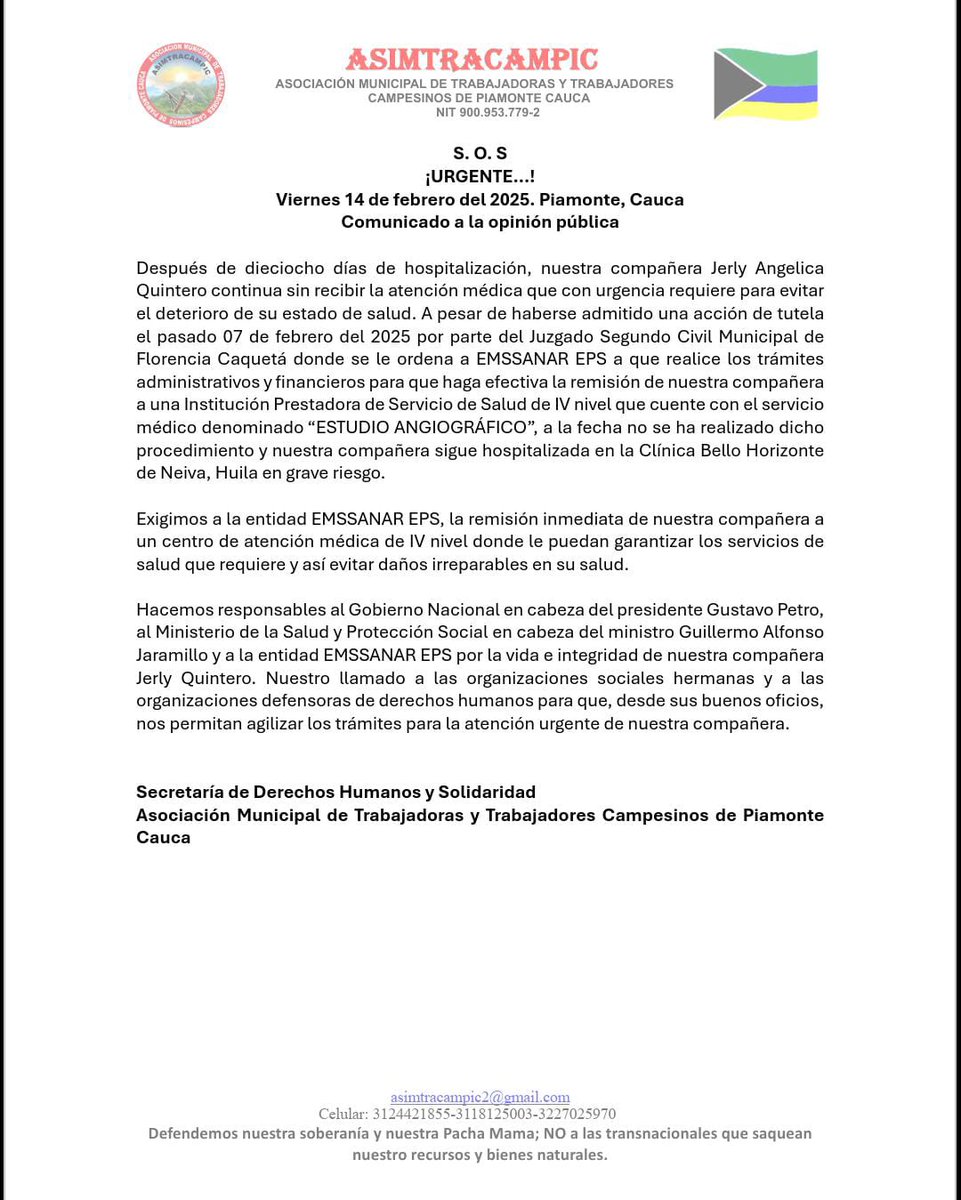 S.O.S Responsabilizamos a la EPS <a href="/EmssanarEPS/">Emssanar EPS</a> a responder por el tratamiento de nuestra directiva. Requiere atención médica urgente ya que  espera hace mas 18 días.Pedimos a <a href="/Supersalud/">Supersalud</a> que de seguimiento.
<a href="/DefensoriaCol/">Defensoría del Pueblo</a> <a href="/ONUHumanRights/">ONU Derechos Humanos Colombia</a> <a href="/SweFORColombia/">SweFOR Colombia</a> <a href="/FondoNoruego_es/">Fondo Noruego en español</a>