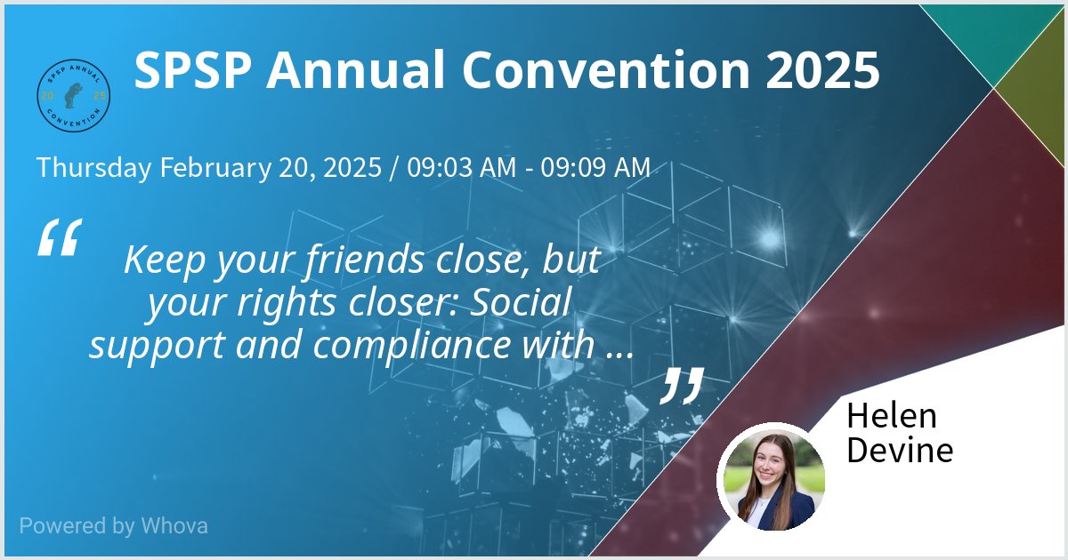 Helen Devine (@helenldevine) on Twitter photo Looking forward to presenting at <a href="/SPSPnews/">Society for Personality and Social Psychology</a> next week! Come find me 😊
⚖️ Flash talk at legal precon: Keep your friends close, but your rights closer: Social support and compliance with consent requests (Thurs 9a)
📢 Poster on how fear of crime shapes victim blaming (Thurs 6-7p) Looking forward to presenting at <a href="/SPSPnews/">Society for Personality and Social Psychology</a> next week! Come find me 😊
⚖️ Flash talk at legal precon: Keep your friends close, but your rights closer: Social support and compliance with consent requests (Thurs 9a)
📢 Poster on how fear of crime shapes victim blaming (Thurs 6-7p)