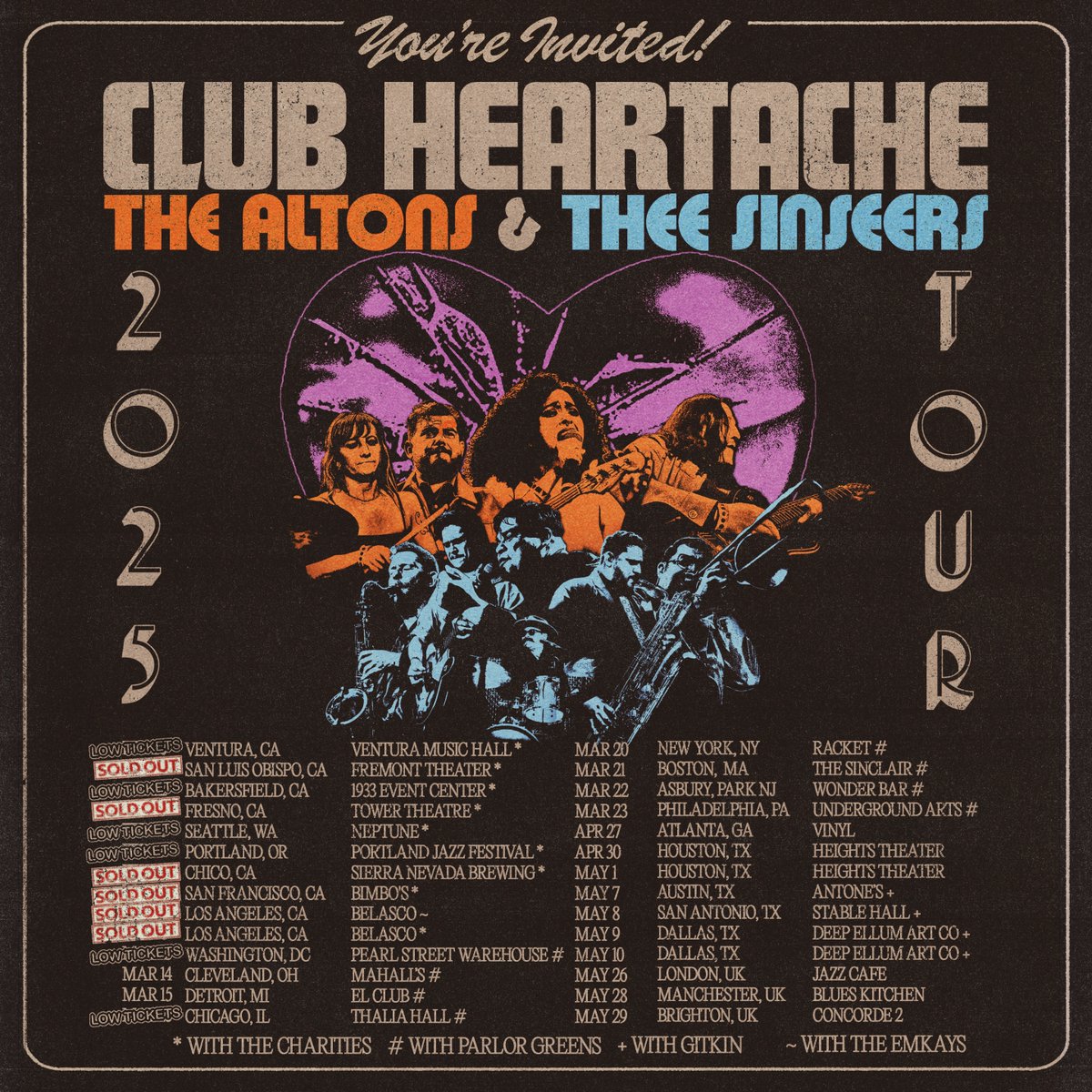 TheeSinseers (@theesinseers) on Twitter photo We are excited to announce the openers for the Club Heartache Tour 2025 with <a href="/thealtons/">The Altons</a>! Joining us on select dates are:
* The Charities
~ The Emkays
# Parlor Greens
+ <a href="/gitkin_music/">Brian J Gitkin</a>
Low ticket warnings on a lot of shows so grab your tickets now theesinseers.com/tour We are excited to announce the openers for the Club Heartache Tour 2025 with <a href="/thealtons/">The Altons</a>! Joining us on select dates are:
* The Charities
~ The Emkays
# Parlor Greens
+ <a href="/gitkin_music/">Brian J Gitkin</a>
Low ticket warnings on a lot of shows so grab your tickets now theesinseers.com/tour