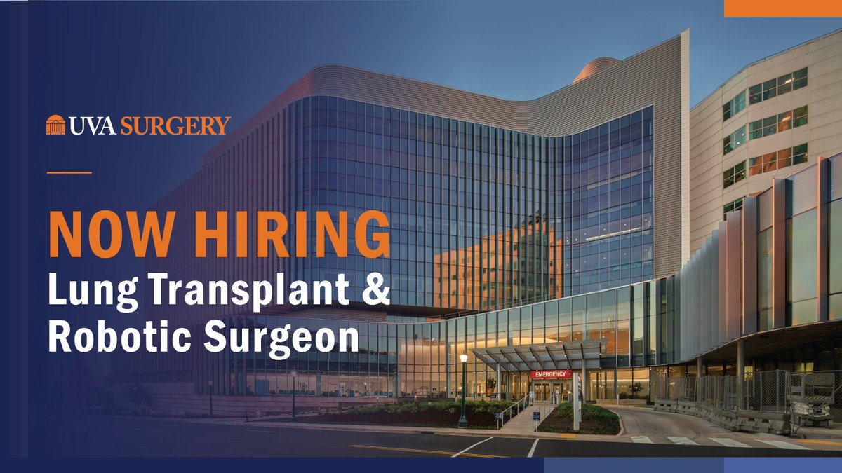 UVA Surgery (@uvasurgery) on Twitter photo UVA Thoracic Surgery is looking for a new partner to join us with expertise in lung transplant and robotic surgery. Learn more and apply here: apply.interfolio.com/163525
#thoracicsurgery #roboticsurgery #lungtransplant #uvasurgery <a href="/UVA_TCV_Surgery/">UVA Cardiothoracic Surgery</a> <a href="/LindaMThoracic/">Linda Martin</a> <a href="/MedicineUVA/">UVA School of Medicine</a> UVA Thoracic Surgery is looking for a new partner to join us with expertise in lung transplant and robotic surgery. Learn more and apply here: apply.interfolio.com/163525
#thoracicsurgery #roboticsurgery #lungtransplant #uvasurgery <a href="/UVA_TCV_Surgery/">UVA Cardiothoracic Surgery</a> <a href="/LindaMThoracic/">Linda Martin</a> <a href="/MedicineUVA/">UVA School of Medicine</a>