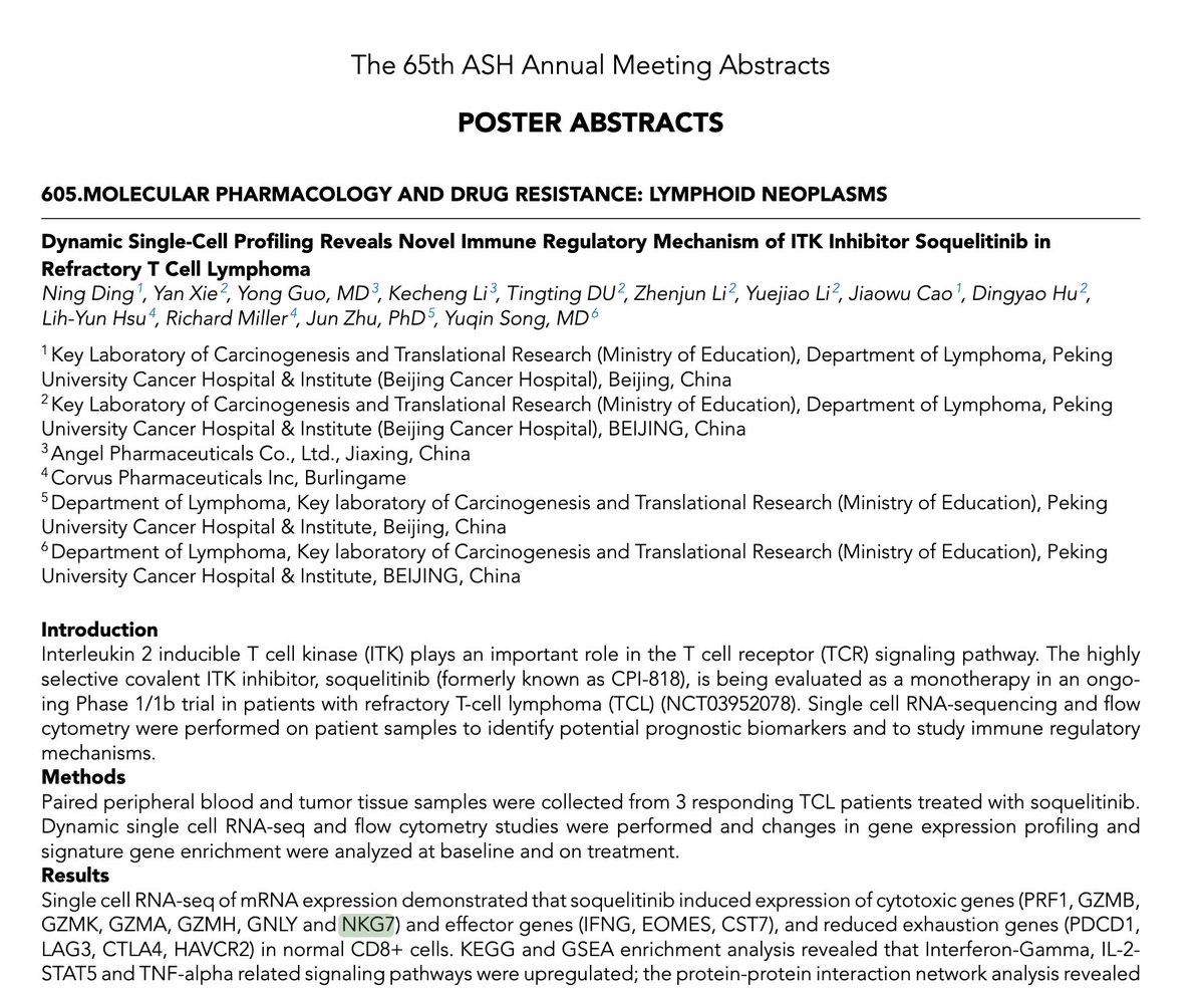 In Honour Of Thomas W Phelps (@hothomaswphelps) on Twitter photo <a href="/hd_DongMDPhD/">Haidong Dong</a> Nice paper! Wanted to share a poster from ASH 2023 Corvus Pharmaceutical $CRVS oral ITK inhibitor soquelitinib induces #NKG7 which reduces mTORC1 and promotes CD8+ Tcell memory, reduces T-cell exhaustion genes (PD-1, LAG-3, TIM-3).
soquelitinib in Ph3 trial for PTCL, starting <a href="/hd_DongMDPhD/">Haidong Dong</a> Nice paper! Wanted to share a poster from ASH 2023 Corvus Pharmaceutical $CRVS oral ITK inhibitor soquelitinib induces #NKG7 which reduces mTORC1 and promotes CD8+ Tcell memory, reduces T-cell exhaustion genes (PD-1, LAG-3, TIM-3).
soquelitinib in Ph3 trial for PTCL, starting