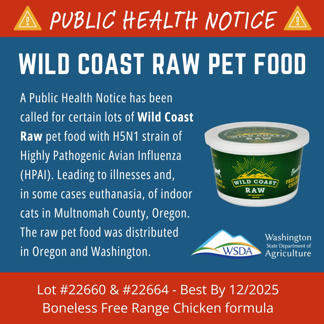 WSDAgov's tweet image. 🚨 Wild Coast Raw Pet food Linked to Bird Flu Infection in Cats 🚨
Cats in Multnomah County, OR fell ill, voluntarily euthanized, after consuming raw pet food. Full news release: agr.wa.gov/about-wsda/new…

#Washington #Oregon #HPAI #H5n1 #RawPetFood