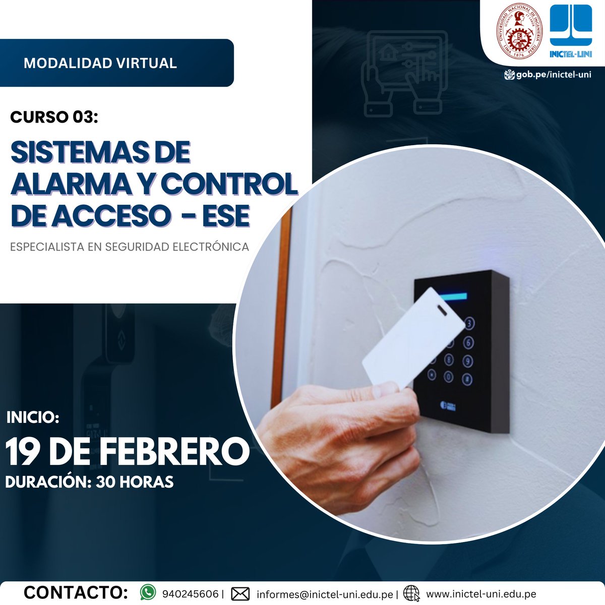 🔒Sistemas de Alarma y Control de Acceso - ESE
📅Inicio: 19 de febrero de 2024
⏳Duración: 30 horas
💻100% virtual
📌 Inscripciones abiertas:
📲 Más información y asesoría:
➡️ bit.ly/940245606
🎯  ¡Inscríbete ahora!

#SeguridadElectrónica #ControlDeAcceso #Alarmas