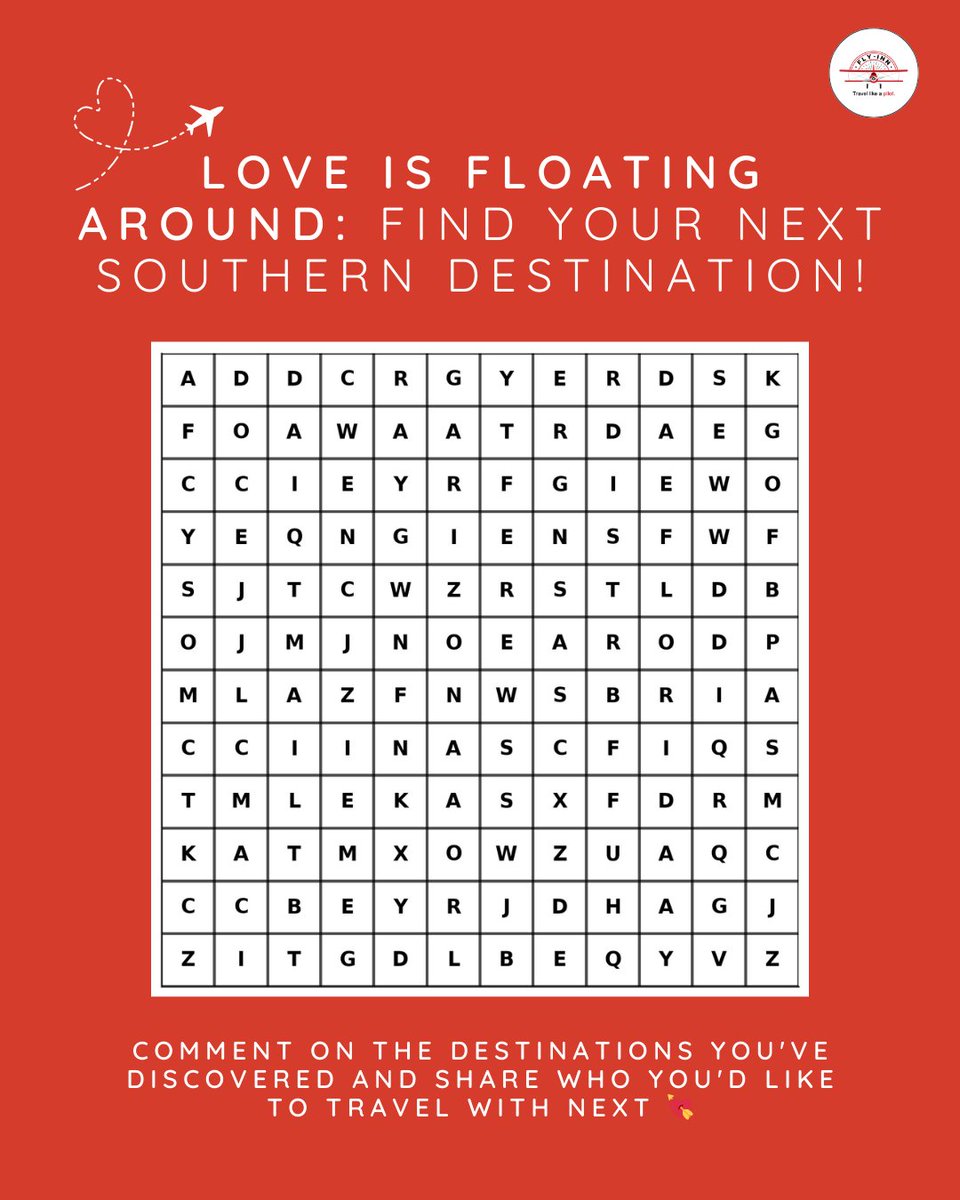 FlyInnLLC's tweet image. ✈️💘 Happy Valentine’s Day, pilots! 💘✈️
Today, we celebrate love—for flying, freedom, and the incredible destinations that make our hearts soar. 🌎✨
To add fun, we have a word hunt featuring Southern states. 🔍 Can you find them all? Drop your answers in the comments!