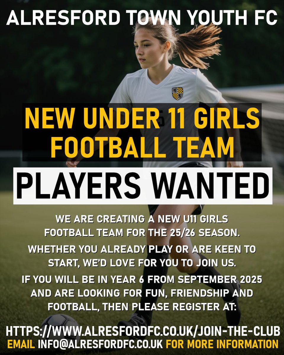 Alresford Town Youth FC (@atyfc1) on Twitter photo If you, or someone you know, is going to be in Year 6 from September 2025 and would like to join a new ATYFC Girls team then please get in touch! buff.ly/4hEWDKo or email info@alresfordfc.co.uk! If you, or someone you know, is going to be in Year 6 from September 2025 and would like to join a new ATYFC Girls team then please get in touch! buff.ly/4hEWDKo or email info@alresfordfc.co.uk!