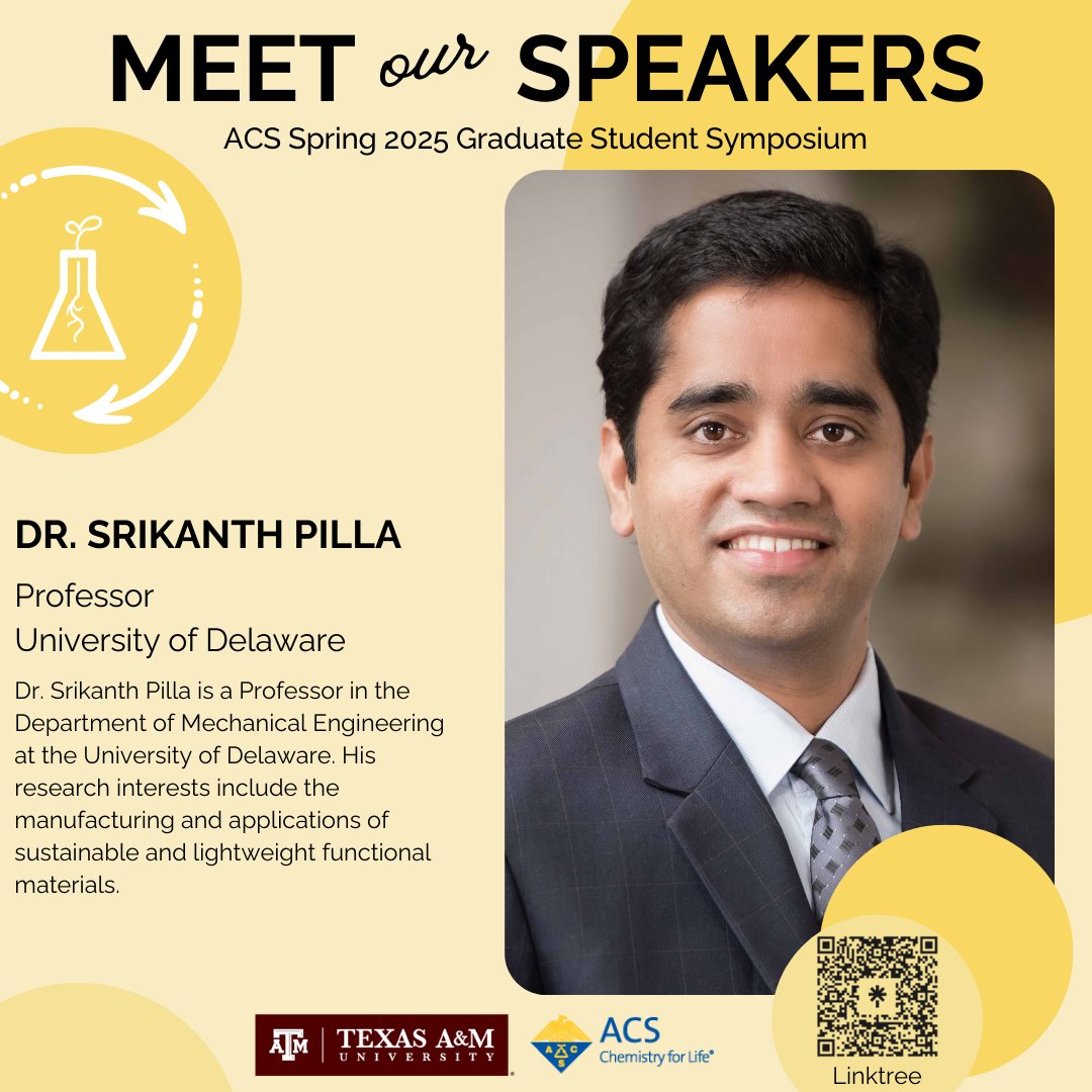 tamugsspc's tweet image. We are honored to host Dr. Srikanth Pilla at our upcoming symposium!
Stay tuned to meet more of our speakers! #acs #gsspc #tamuchemistry