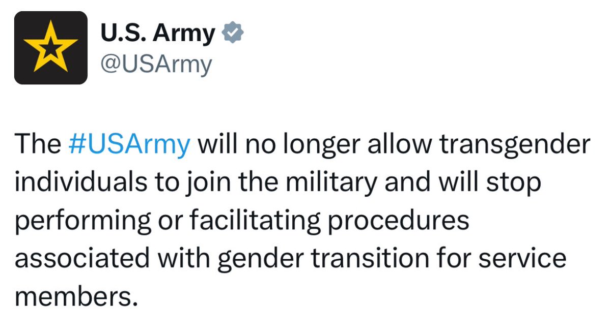 bennyjohnson's tweet photo. 🚨BREAKING: U.S. Army announces they will no longer accept transgender individuals in the military and will STOP all gender reassignment procedures. https://t.co/4R9t2WbhCS