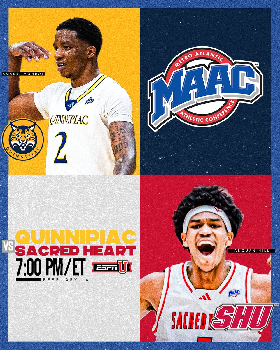 #MAACHoops (@maachoops) on Twitter photo The battle for CT hits the national stage tonight!
The Quinnipiac Bobcats travel to the red-hot Sacred Heart Pioneers!
<a href="/QU_MBB/">Quinnipiac Men's Basketball</a> 🆚 <a href="/SHU_MensHoops/">Sacred Heart Men's Basketball</a>
🕖 7 PM/ET
📺 <a href="/ESPNU/">ESPNU</a>
#MAACHoops x #mACchoops25 The battle for CT hits the national stage tonight!
The Quinnipiac Bobcats travel to the red-hot Sacred Heart Pioneers!
<a href="/QU_MBB/">Quinnipiac Men's Basketball</a> 🆚 <a href="/SHU_MensHoops/">Sacred Heart Men's Basketball</a>
🕖 7 PM/ET
📺 <a href="/ESPNU/">ESPNU</a>
#MAACHoops x #mACchoops25