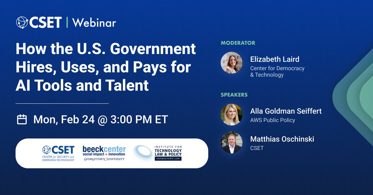 How does the U.S. government buy and use AI tools, and how can it improve?

February 24 at 3pm ET, join  <a href="/AllaSeiffert/">Alla Seiffert @ alla@mastodon.cloud</a> of @aws_gov &amp; CSET’s <a href="/oschinski/">Matthias Oschinski</a>, moderated by <a href="/elizabethan/">Elizabeth Laird</a> of <a href="/CenDemTech/">Center for Democracy & Technology</a>. Hosted by <a href="/BeeckCenter/">Beeck Center</a>, and GU's Tech Institute. (RSVP in comments)