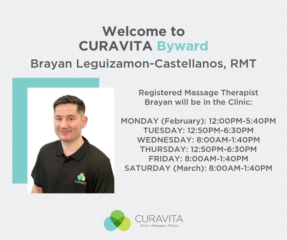 CURAVITA Health Group is thrilled to announce Registered Massage Therapist Brayan Leguizamon-Castellanos has joined our Byward Clinic Team!

Call our Byward Clinic at 613.860.8600 or book online at curavita.com