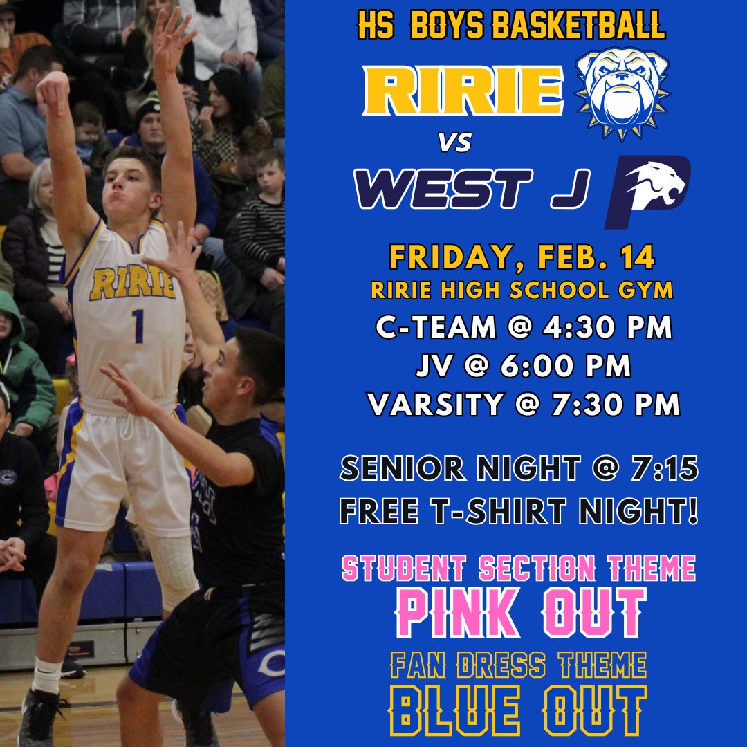 One last time at HOME! Come spend Valentine’s Day with the Bulldogs as we host West Jefferson in our final home game of the season! It’s FREE T-SHIRT NIGHT and SENIOR NIGHT too!
Students should wear PINK and all other fans should wear BLUE!
#WeAreRirie #idpreps