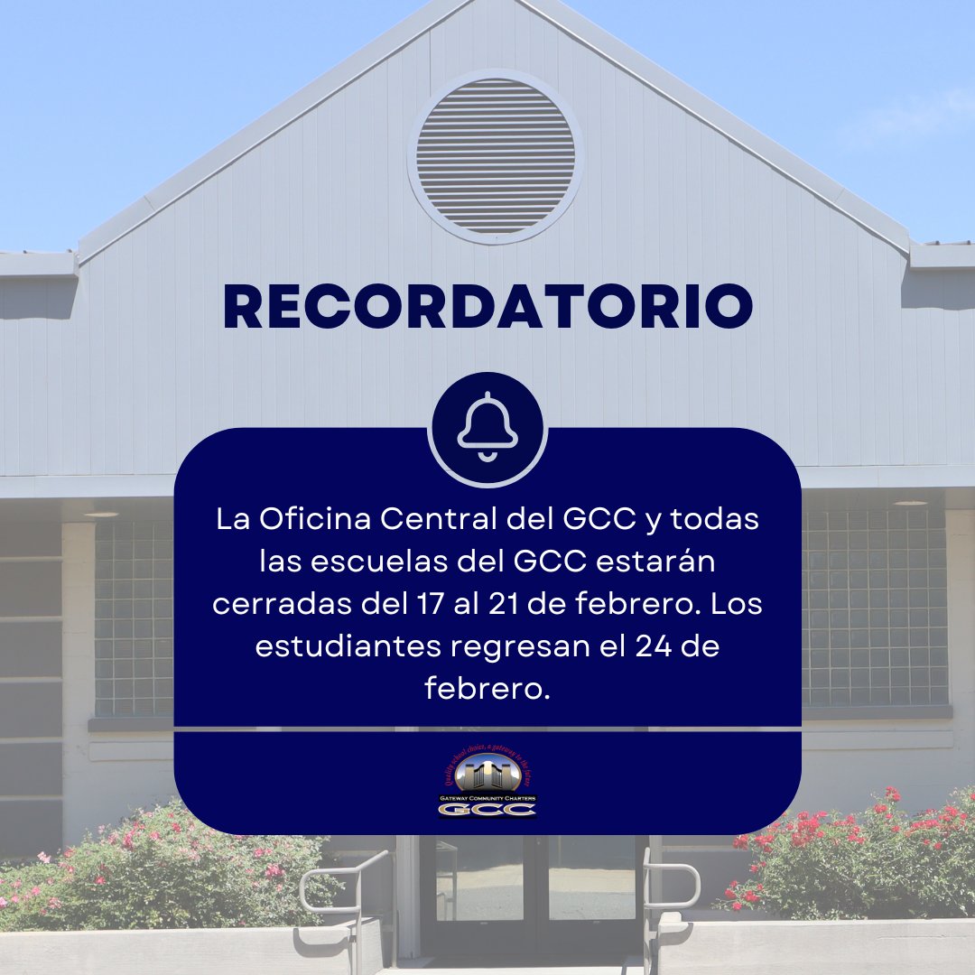 GCC_Charters's tweet image. 📆Reminder! The Central Office and all GCC schools will be closed next week February 17th- 21st for President&apos;s Week. We will resume regular operations on February 24th.