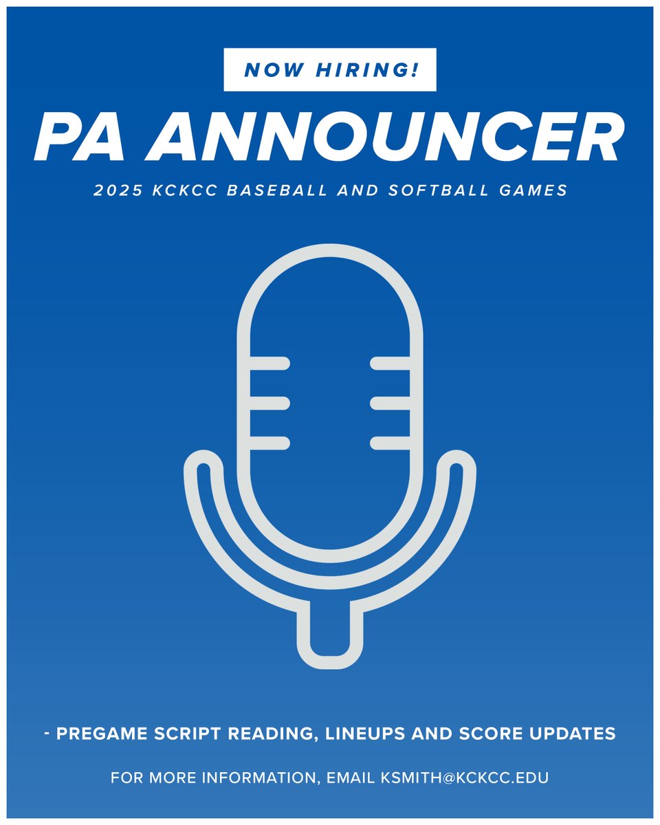 🎙Now Hiring: PA Announcer🎙
KCKCC Athletics is looking for a PA Announcer this spring for baseball and softball games! If you have any interest, refer to the email in the graphic above! As always, go Blue Devils!🔵😈

#KCKCCProud #HornsUp