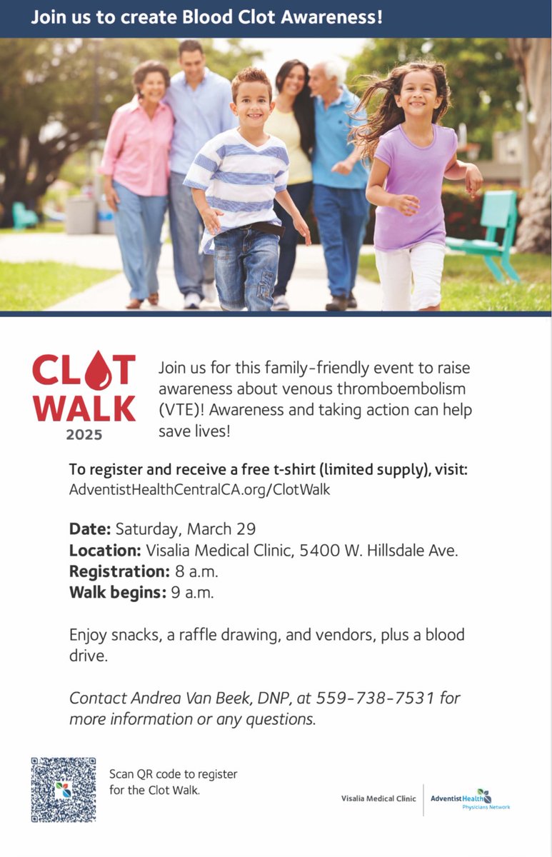 Please join us for our inaugural “Clot Walk” event at Visalia Medical Clinic/AHPN! Secure your spot today - you won’t want to miss this! 🩸🏃‍♀️‍➡️  <a href="/AdventistHealth/">Adventist Health</a> <a href="/AnticoagForum/">Anticoagulation Forum</a> <a href="/CACP_BoardCert/">NCBAP CACP</a> <a href="/StopTheClot/">NBCA</a> <a href="/PERTConsortium/">The PERT Consortium®</a> <a href="/Vasculearn/">Vasculearn Network</a>