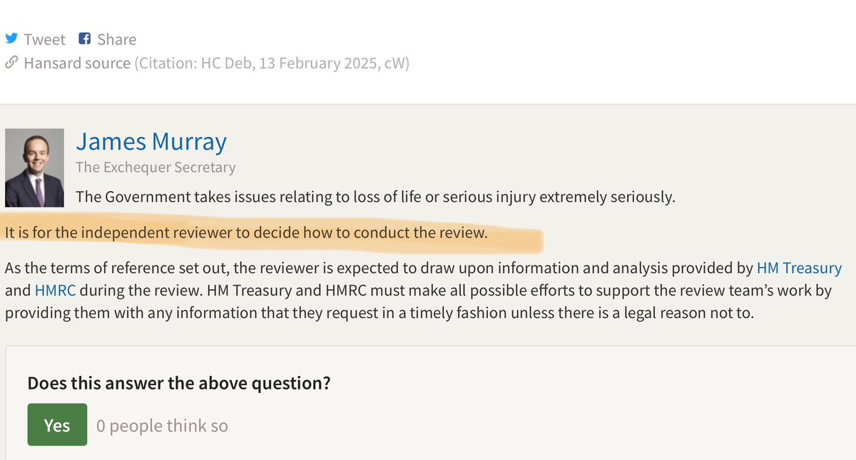 This is a bare faced lie <a href="/jamesmurray_ldn/">James Murray</a>. The very restrictive Terms of Reference have deliberately prevented this! 🤷🏻‍♂️

I know it’s written by conflicted civil servants, but you are better than this (or I assumed you were) theyworkforyou.com/wrans/?id=2025…

#LoanChargeScandal
#LoanCharge