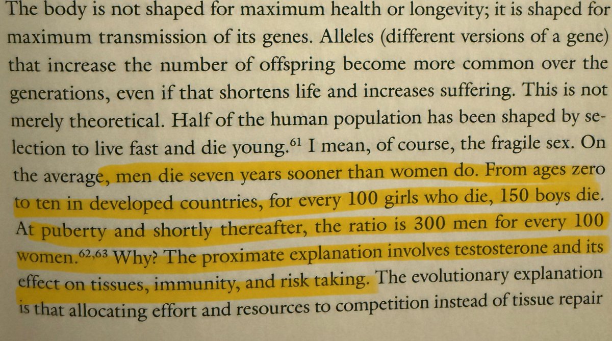 "From ages 0 to 10, for every 100 girls who die, 150 boys die. At puberty and shortly thereafter, the ratio is 300 men for every 100 women. Why? The proximate explanation involves testosterone and its effects on tissues, immunity, and risk taking..."
amzn.to/4hy71Ud