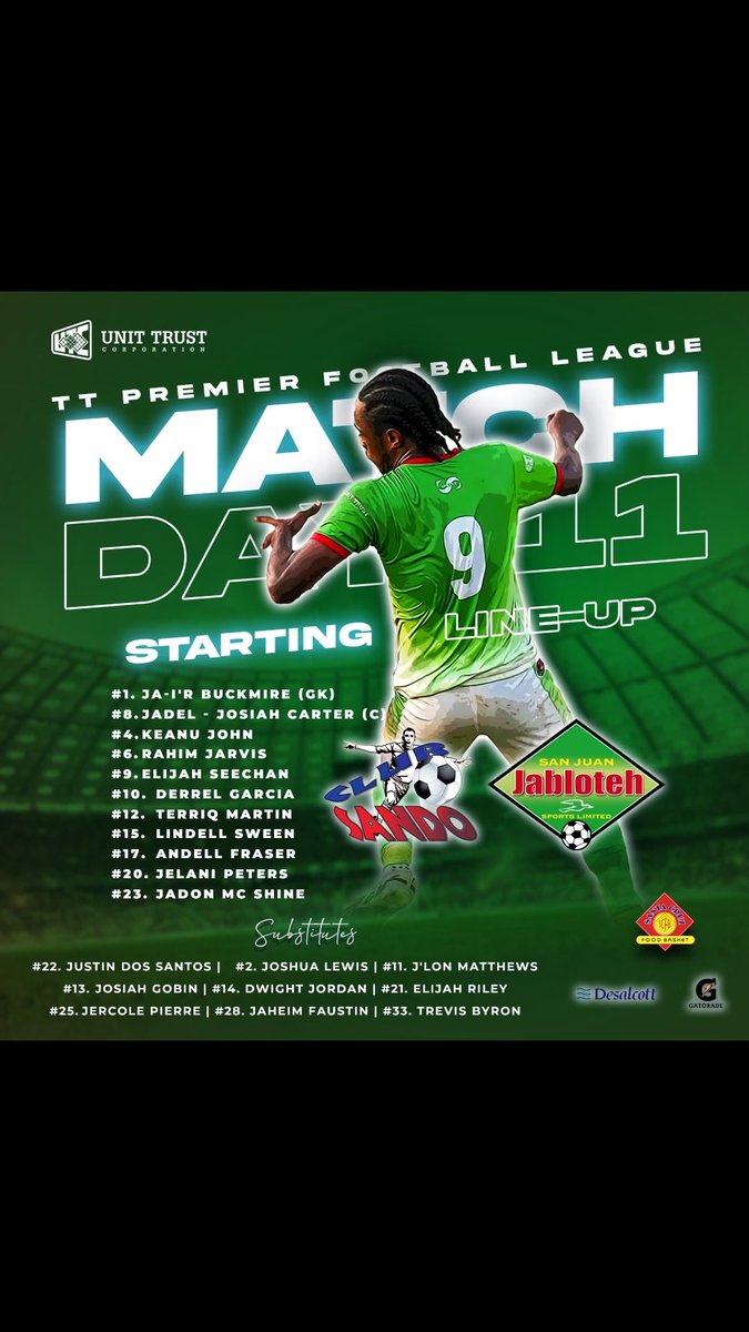 Jablotehtt's tweet photo. #ttpfl1 MATCHDAY 11 #Jabloteh Starting Line-up. ππ€
.
#WeAreJabloteh #ttpfl #ttfa #matchday #starters #ttutc #santacruzfoodbasket #desalcott #gatorade https://t.co/M2gcKlnH8a