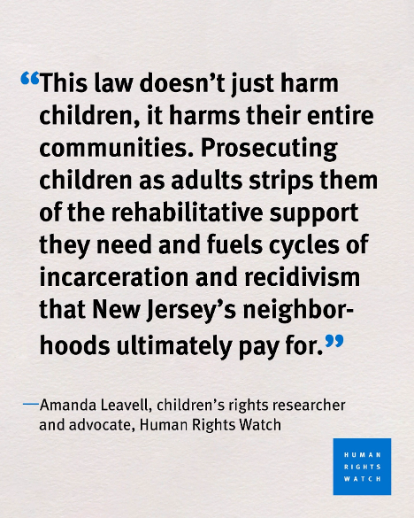 🚩#NewJersey’s waiver law is broken.

Prosecutors have near-total control over whether children are tried as adults—with no meaningful checks and balances.

New @HRW report exposes the harm. Read it now: hrw.org/report/2025/02…

#NJJustice #ProtectKids