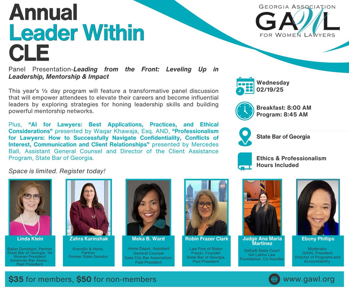 Annual Leader Within CLE Is This Month!

This half-day program is your chance to gain valuable insights from a powerful panel discussion designed to help you elevate your career and become a more influential leader. 🌟

📅 February 19, 2025  
📍 State Bar of Georgia
