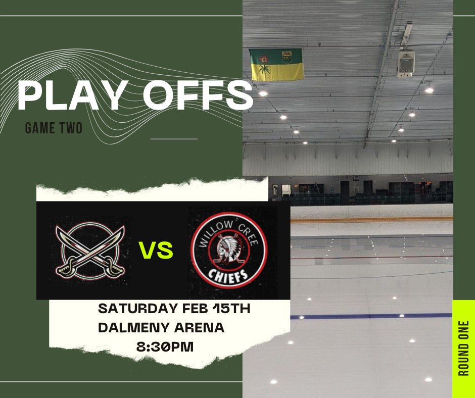 Tomorrow night the Dalmeny Sabres Senior Hockey Team take on the Willow Cree Chiefs. This is game two of the playoffs, and the puck drops at 8:30pm at the Dalmeny Arena. Go Sabres GO!!!
