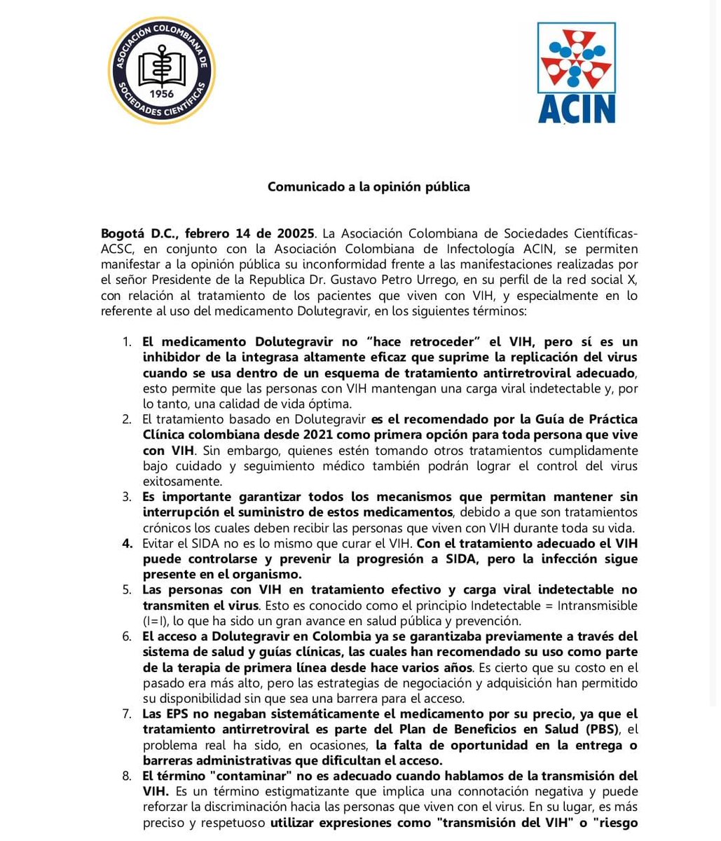 acinnacional's tweet photo. Comunicado de la ACIN y la @asocientificas  con relación al VIH y al uso de medicamentos para control de la enfermedad. @camachomgerman @ivanrodriguezmd https://t.co/lnzjaQB0hv