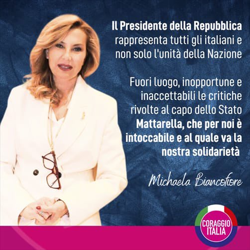 🗣 <a href="/BiancofioreMiky/">Michaela Biancofiore</a> : "Il presidente della Repubblica rappresenta tutti gli italiani e non solo l'unità della Nazione. Fuori luogo, inopportune e inaccettabili le critiche rivolte al capo dello Stato Mattarella, che per noi è intoccabile e al quale va la nostra solidarietà.