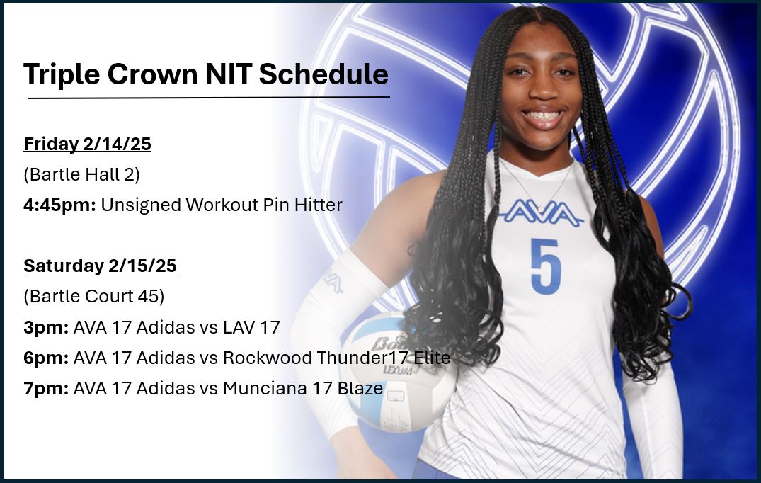 Zainab Kareem (@zkareem_15) on Twitter photo Triple Crown NIT Schedule๐ Come check us out on Court 45. Looking forward to competing with all the talented teams.
<a href="/Foster_vball/">Foster Volleyball</a> <a href="/avatxvolleyball/">AVA of TX</a> <a href="/usavolleyball/">USA Volleyball</a> <a href="/AVCAPhenom/">Phenom</a> <a href="/AVCAVolleyball/">AVCA</a> <a href="/triplecrownspts/">Triple Crown Sports</a> <a href="/coachroxava/">Roxanne Morris</a> <a href="/heycoachlauren/">Lauren Ellison</a>
#ZKareem5 #co2026 #usavolleyball Triple Crown NIT Schedule๐ Come check us out on Court 45. Looking forward to competing with all the talented teams.
<a href="/Foster_vball/">Foster Volleyball</a> <a href="/avatxvolleyball/">AVA of TX</a> <a href="/usavolleyball/">USA Volleyball</a> <a href="/AVCAPhenom/">Phenom</a> <a href="/AVCAVolleyball/">AVCA</a> <a href="/triplecrownspts/">Triple Crown Sports</a> <a href="/coachroxava/">Roxanne Morris</a> <a href="/heycoachlauren/">Lauren Ellison</a>
#ZKareem5 #co2026 #usavolleyball