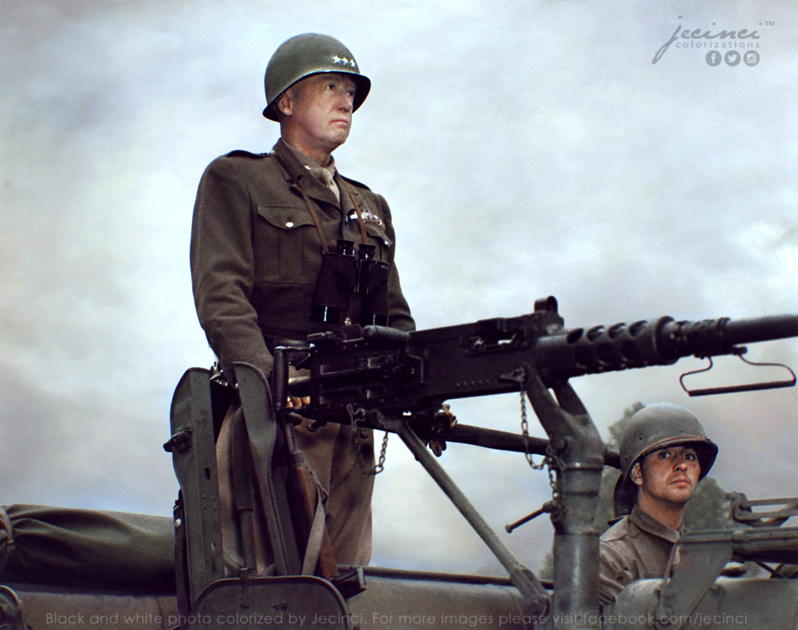 VoicesofWW2's tweet image. Lt. General George S. Patton stands behind a Browning 50 cal Machine Gun, mounted on his Command Car - circa 1944
#colorized by Jecinci
