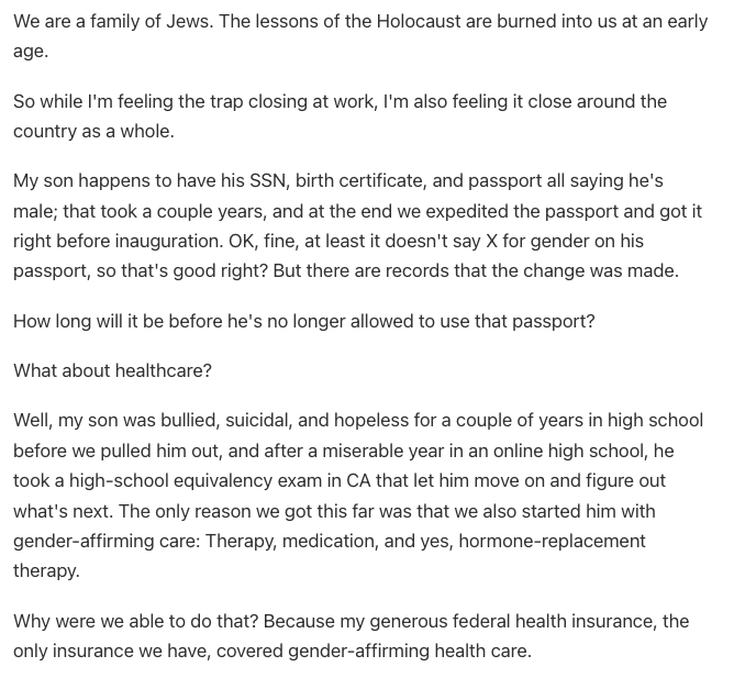 bcmerchant's tweet photo. Lots of federal workers have stories of dread, anxiety, and sorrow over what's happening. 

But this story, from a worker whose job is jeopardy, whose partner is a teacher, and whose son is trans, made perfectly clear the scope of Trump, Musk, and DOGE's cruelty. https://t.co/BkjzgjRRPe