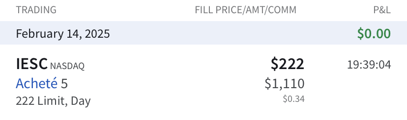 AlphaBourse_'s tweet image. 🔔 ACHAT 🔔

Ouverture d&apos;une nouvelle position sur une small-cap ($4.46 Mds) : 
Integrated Electrical Services Holdings $IESC

+5 actions à 222 $
qui pèsent maintenant pour 3,2 % du portefeuille US

Sans aller dans le détail, et pour faire simple : l&apos;entreprise installe et…