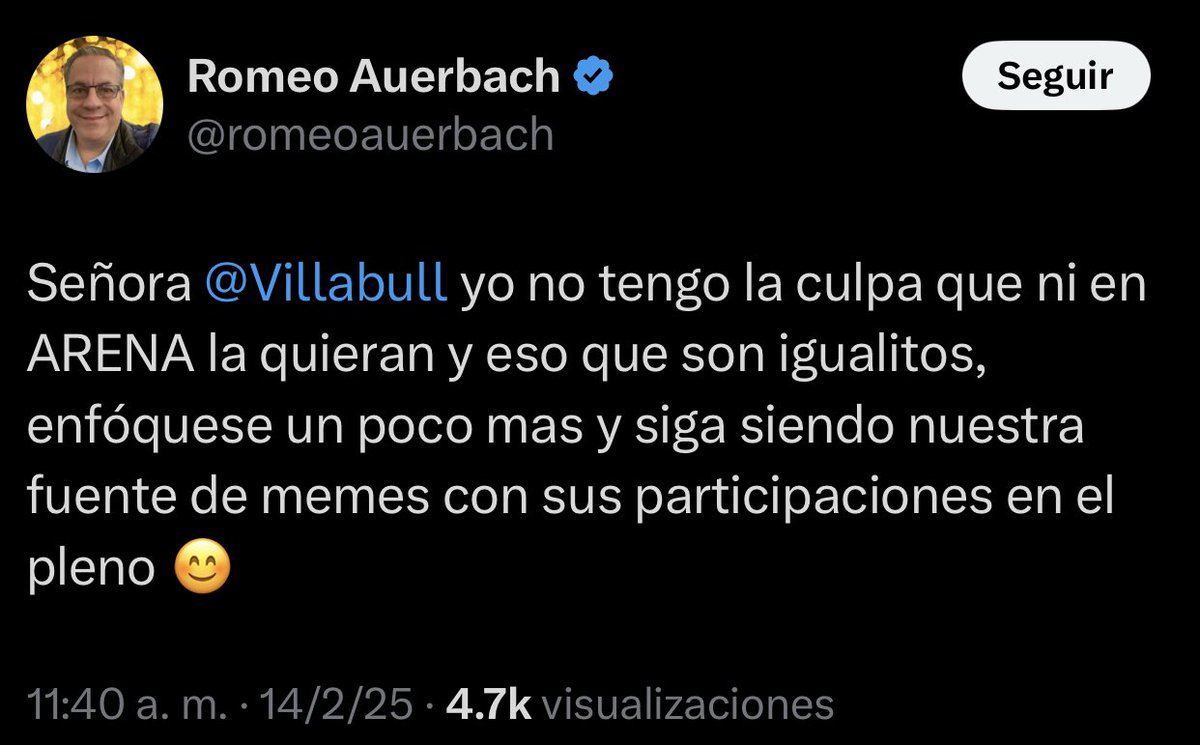 Mirá maje <a href="/romeoauerbach/">Romeo Auerbach</a>, si a vos #no te han querido ni en Nuevas Ideas, ni en GANA; ni siquiera el pueblo te quiso porque ni para la reelección te #alcanzó, ¿con qué cara te burlás de otros? 

Tu único “logro” fue pasar de diputado de relleno a payaso lambiscon en medios,