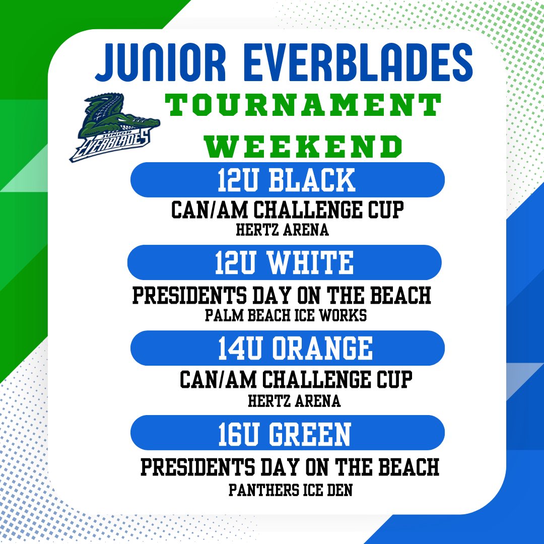 JrEverblades's tweet photo. It’s Tournament Weekend! 🏆

Good luck to all the JEB teams facing off this weekend in a President’s Day Weekend Tournament! 🐊
 
Can’t make the game? Stream it live on Livebarn!

Stay tuned for Players of the Tournament and Tournament Game Recaps! https://t.co/MiUyHIoJRS