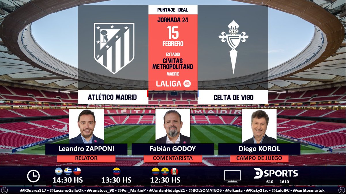 Puntaje Ideal (@puntaje_ideal) on Twitter photo ⚽ #LaLiga 🇪🇸 | #AtléticoMadrid vs. #Celta
🎙 Relator: <a href="/leandrozapponi/">𝗟𝗲𝗮𝗻𝗱𝗿𝗼 𝗭𝗮𝗽𝗽𝗼𝗻𝗶</a>
🎙 Comentarista: <a href="/fabig08/">Fabián Godoy</a>
🎙 Campo de juego: <a href="/diegokorol10/">Diego Korol ⭐️⭐️⭐️</a>
📺 <a href="/DSports/">DSPORTS</a> (610-1610 HD) Sudamérica
💻📱 <a href="/DGO_Latam/">DGO</a>
🤳 #LaLigaEnDSPORTS - #AtletiCelta
Dale RT 🔃 ⚽ #LaLiga 🇪🇸 | #AtléticoMadrid vs. #Celta
🎙 Relator: <a href="/leandrozapponi/">𝗟𝗲𝗮𝗻𝗱𝗿𝗼 𝗭𝗮𝗽𝗽𝗼𝗻𝗶</a>
🎙 Comentarista: <a href="/fabig08/">Fabián Godoy</a>
🎙 Campo de juego: <a href="/diegokorol10/">Diego Korol ⭐️⭐️⭐️</a>
📺 <a href="/DSports/">DSPORTS</a> (610-1610 HD) Sudamérica
💻📱 <a href="/DGO_Latam/">DGO</a>
🤳 #LaLigaEnDSPORTS - #AtletiCelta
Dale RT 🔃