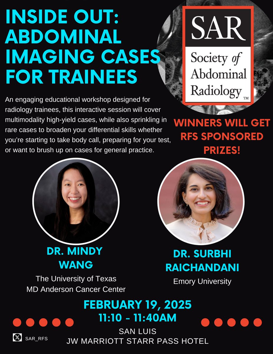 Surbhi Raichandani (@rads_is_rad) on Twitter photo 🚨 Calling all trainees at #SAR! 🚨
Join me & <a href="/MindyWangMD/">Mindy Wang, MD</a> for a high-energy, fun-filled workshop with awards, prizes, and bragging rights on the line! 🎉💪 Bring your game face and get ready to level up your skills. Don’t miss out! #radiology #meded #funlearning 🚨 Calling all trainees at #SAR! 🚨
Join me & <a href="/MindyWangMD/">Mindy Wang, MD</a> for a high-energy, fun-filled workshop with awards, prizes, and bragging rights on the line! 🎉💪 Bring your game face and get ready to level up your skills. Don’t miss out! #radiology #meded #funlearning