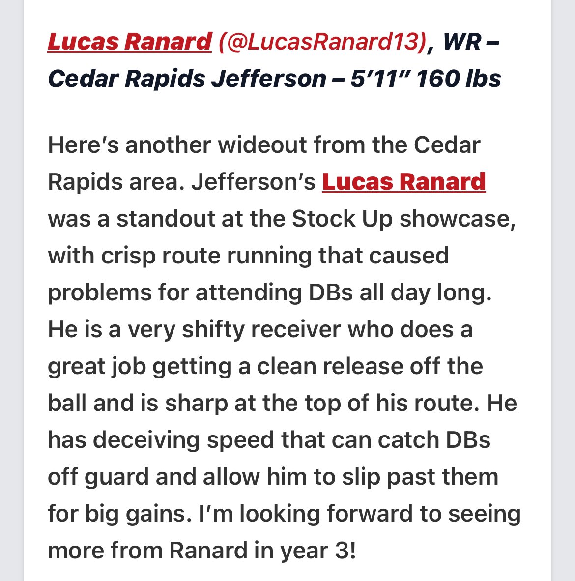 Lucas Ranard (@lucasranard13) on Twitter photo Thank you <a href="/PRZ_OscarG/">Oscar Galindo</a> for the kind words!
<a href="/PrepRedzoneIA/">Prep Redzone Iowa</a> <a href="/JHawk_Football/">JEFFERSON FOOTBALL</a>
<a href="/DSUFootball/">Dakota State University Football</a> <a href="/CoachVaughnDame/">Vaughn VanDame</a>
<a href="/UNI_Recruiting/">UNI_Recruiting</a> Thank you <a href="/PRZ_OscarG/">Oscar Galindo</a> for the kind words!
<a href="/PrepRedzoneIA/">Prep Redzone Iowa</a> <a href="/JHawk_Football/">JEFFERSON FOOTBALL</a>
<a href="/DSUFootball/">Dakota State University Football</a> <a href="/CoachVaughnDame/">Vaughn VanDame</a>
<a href="/UNI_Recruiting/">UNI_Recruiting</a>