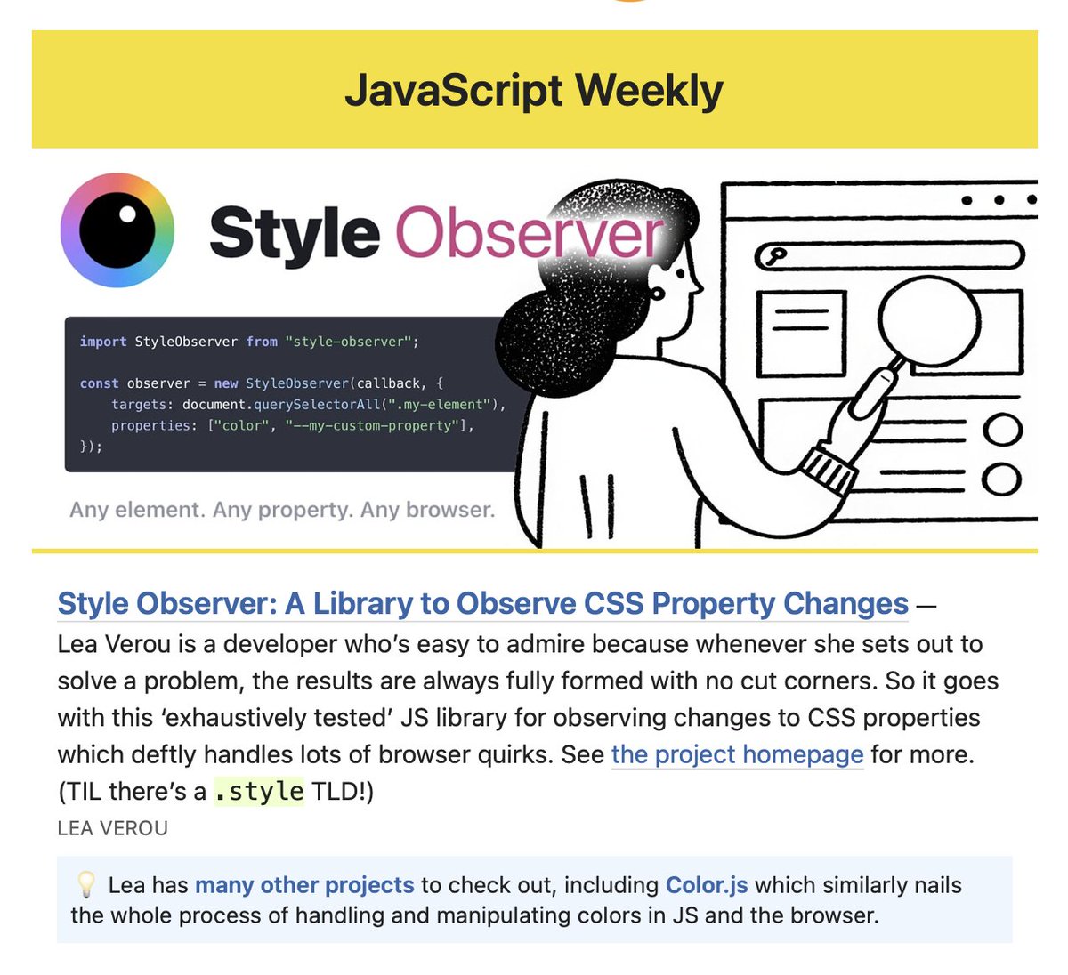 Dr Lea Verou (@leaverou) on Twitter photo Wow, style-observer is featured very prominently on today’s issue of <a href="/JavascriptWeekl/">JavascriptWeekly</a>!
javascriptweekly.com/issues/723
Thanks for the shoutout folks (for Color.js too!), <a href="/DmitrySharabin/">Dmitry Sharabin</a> and I are very humbled! Wow, style-observer is featured very prominently on today’s issue of <a href="/JavascriptWeekl/">JavascriptWeekly</a>!
javascriptweekly.com/issues/723
Thanks for the shoutout folks (for Color.js too!), <a href="/DmitrySharabin/">Dmitry Sharabin</a> and I are very humbled!