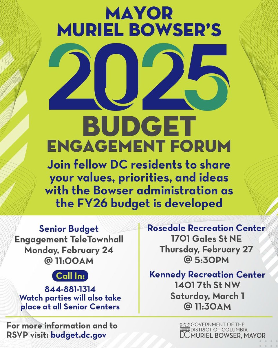 Our annual Budget Engagement Forums give residents the chance to share priorities and ideas for how funds are allocated in the upcoming budget cycle. 💰📊

And the dates for our 2025 Budget Engagement Forums were just announced!

➡️budget.dc.gov