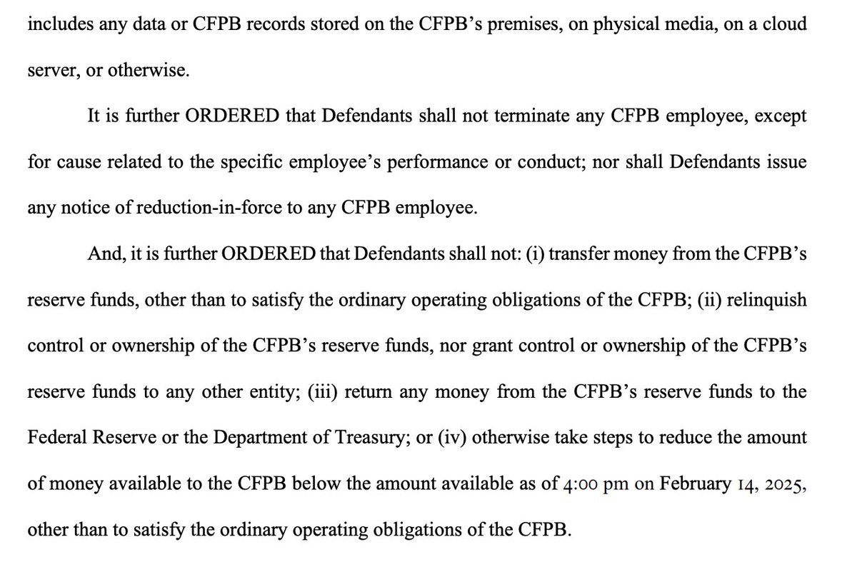 deepakguptalaw's tweet photo. In our suit over the CFPB, I'm thrilled to report that the court just issued an order against firings or reductions in force, destruction of data, or return of CFPB funds. 

We had credible reports that RIFs were coming later today and that data destruction was imminent. https://t.co/VbRzn0AC0Z