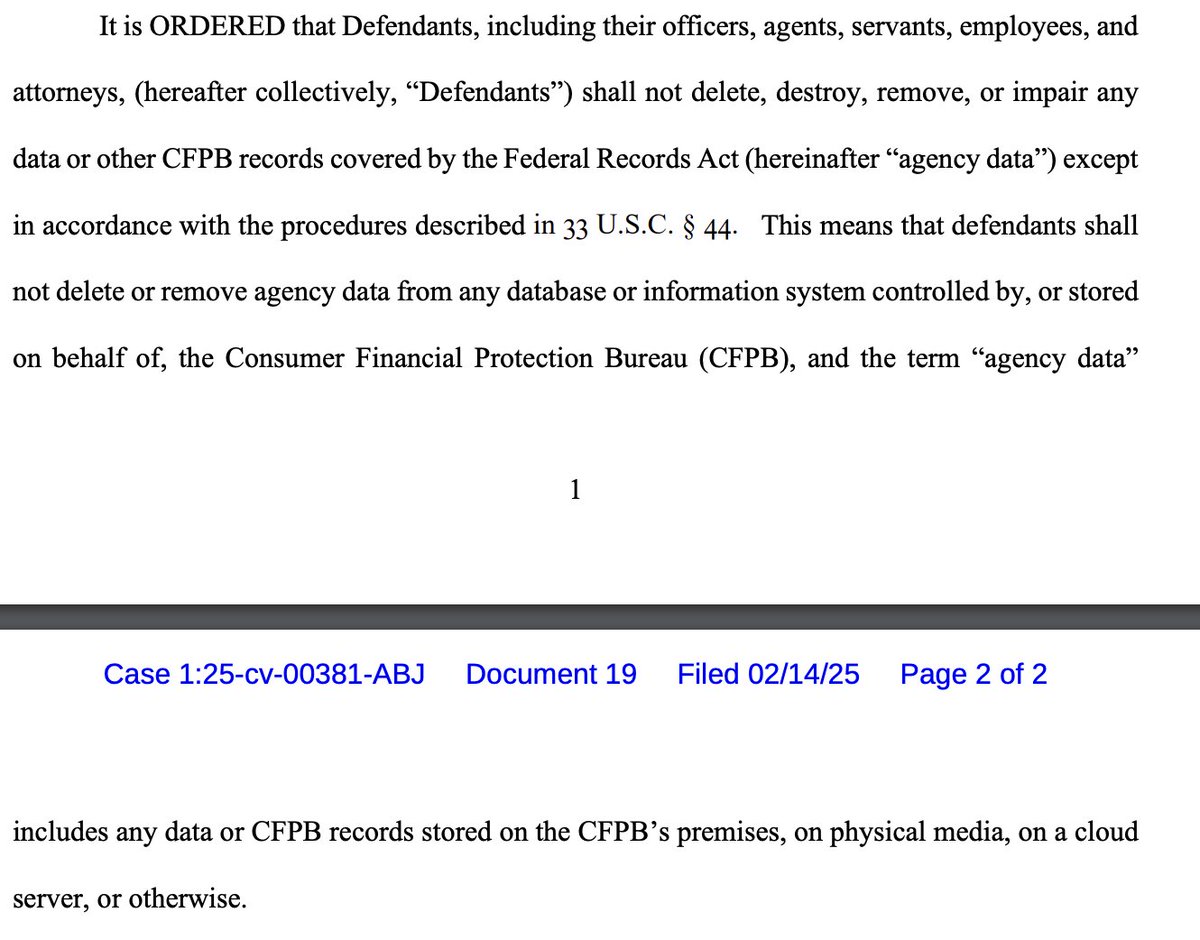 In our suit over the CFPB, I'm thrilled to report that the court just issued an order against firings or reductions in force, destruction of data, or return of CFPB funds. 

We had credible reports that RIFs were coming later today and that data destruction was imminent.