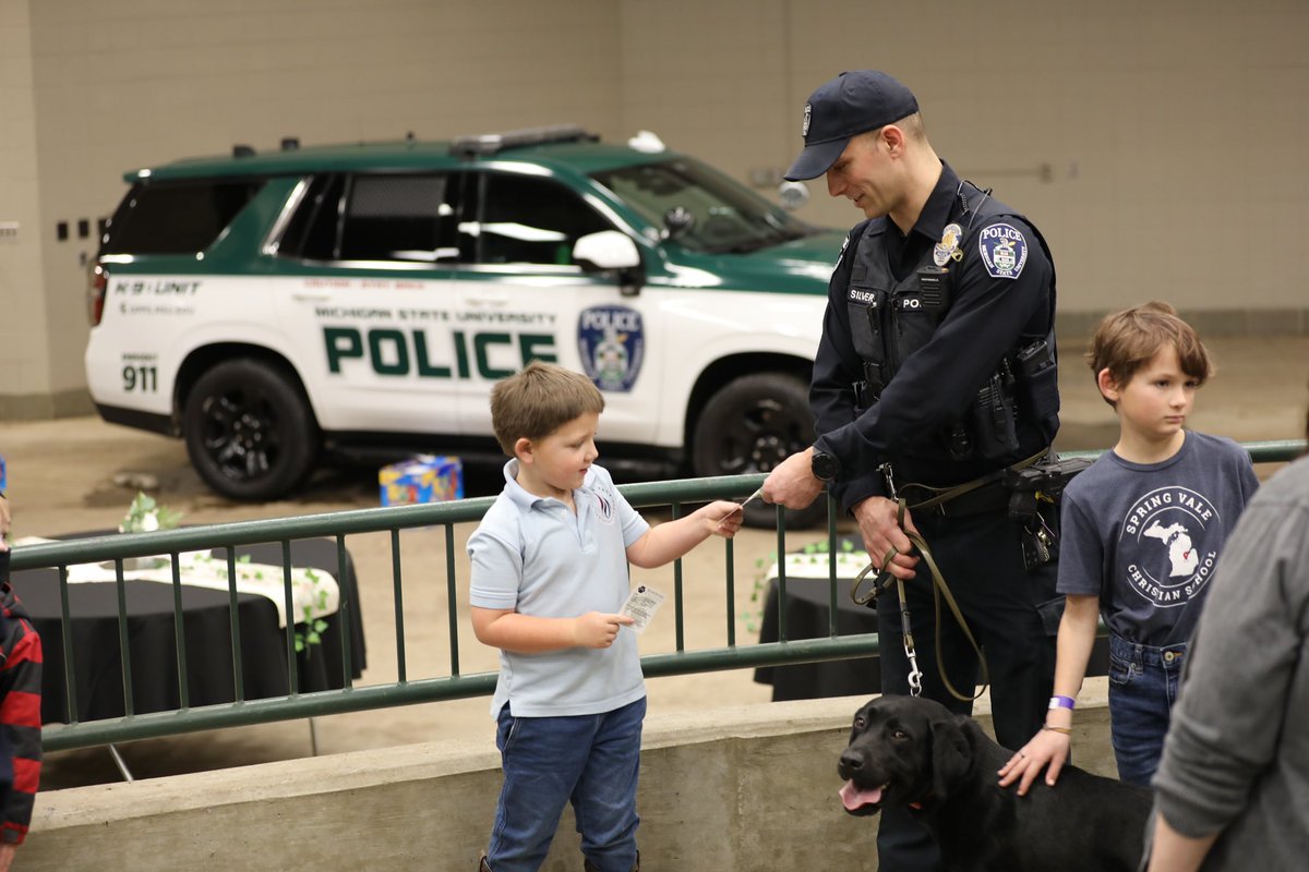 msupolice's tweet photo. What an exciting day at the MSU Rodeo Club Youth Day! The MSU Police K9 Unit put on captivating educational demonstrations that showed off the amazing skills of their canine team members. Kids were all ears, asking great questions about the dogs’ impressive abilities that help keep our community safe.  Thank you to our K9 Unit for making learning fun and inspiring! 🐶👮‍♂️ #MSURodeoClub #K9Unit #YouthDay #CommunityEngagement