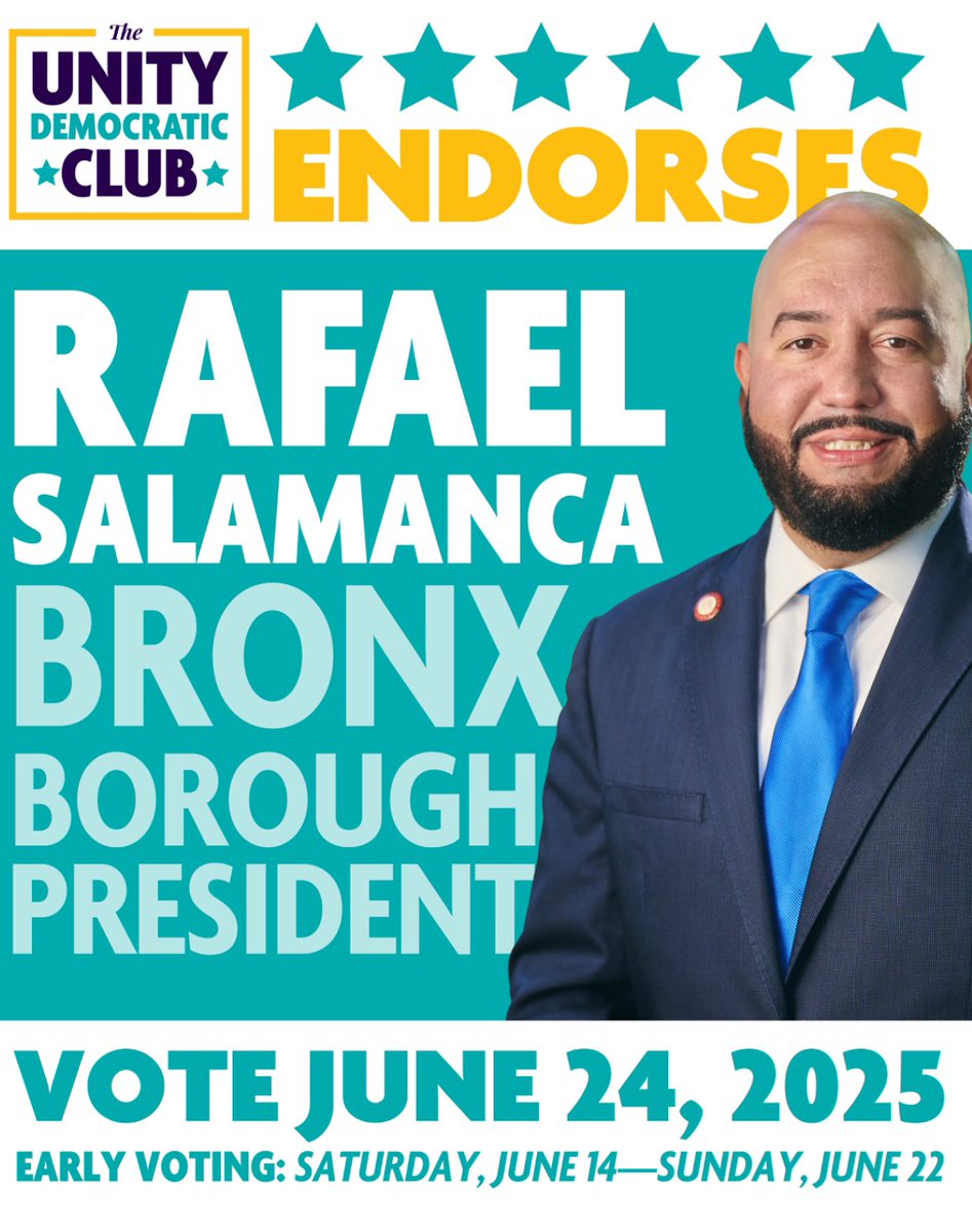 unity_democrats's tweet photo. We are proud to endorse @Salamancajr80  for Bronx Borough President! His dedication to fighting for affordable housing, economic development, and safer communities makes him the leader our borough needs. https://t.co/gBBDD01pyj