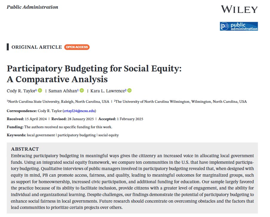 "Participatory Budgeting for Social Equity: A Comparative Analysis" by @CodyTaylorrrr, <a href="/SamanAfshan/">Saman Afshan</a>, &amp; Kara Lawrence found that despite its challenges, equity-focused participatory can lead to meaningful outcomes for marginalized communities. doi.org/10.1111/padm.1…