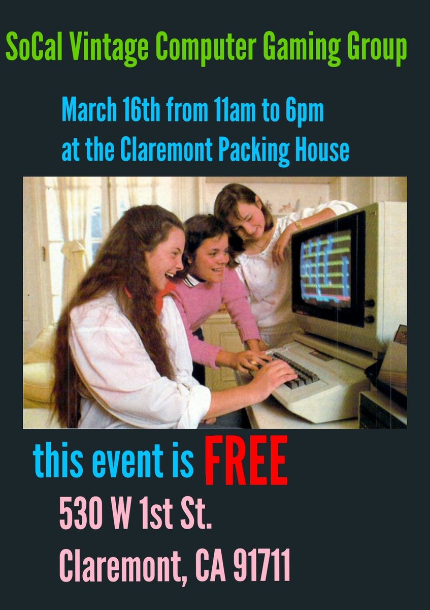 SCVCGGroup's tweet image. it seems like its been a year since we have done one of these, but we are back with another SCVCGG meet at the Claremont Packing House. Once again we will have dozens of vintage computers set up to play from Commodore, Apple, Atari, Tandy, Texas Instruments and others.