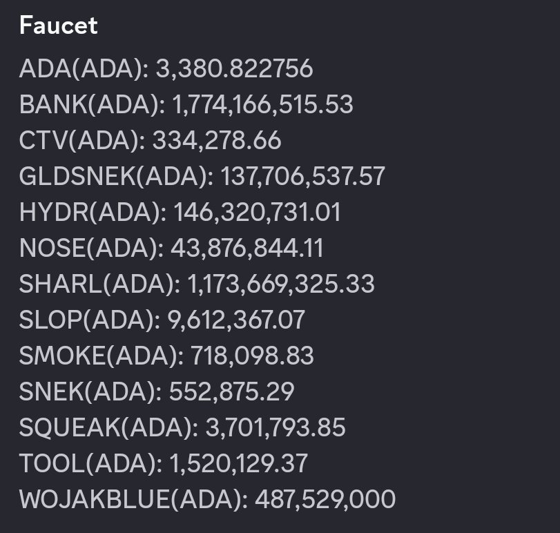 Dripfaucet update🔥

We have send:

48.6k $Snek,
500 $Ada,
867k $Squeak,
48.7m $Hydr,
88k $Ctv,
and 2.1m $Slop to the dripfaucet💧

Happy dripping Wojaks🤑

<a href="/snek/">Snek</a> <a href="/BankerLabs/">$BANK</a>
<a href="/SqueakKoin/">Squeak</a> <a href="/HydroDriponADA/">HydroDrip</a> <a href="/ADATOKENVAULT/">Cardano Token Vault</a> <a href="/Titans_33/">Titans</a> <a href="/slopcoinada/">$slop</a> <a href="/TheFarmBots/">The Farmbot</a>